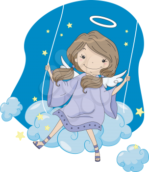 Illustration of a Girl Angel in a Cloud Swing