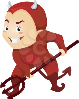 Illustration of a Little Kid Boy as a Red Devil with Horns and Pitchfork