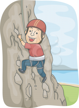 Illustration of a Man Dressed in Climbing Gear Scaling a Rocky Mountain
