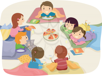 Stickman Illustration Featuring Kids Chatting While Eating at a Sleepover