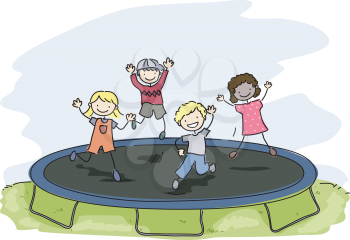 Doodle Illustration of Kids Playing with a Trampoline