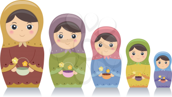 Illustration Featuring Matryoshka Dolls Carrying Baskets of Flowers