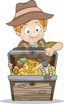 Illustration of a Kid Boy holding a Treasure Box Full of Treasures