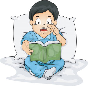 Illustration of an Asian Boy Shedding Tears While Reading a Storybook