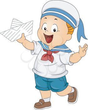 Illustration of a Boy Wearing a Sailor's Costume and Holding a Paper Boat