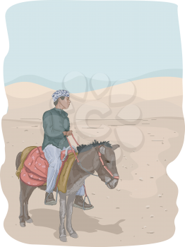 Illustration Featuring a Man Riding a Donkey in the Desert