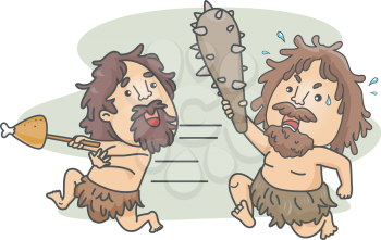Illustration of a Male Caveman Carrying a Club Chasing Another Caveman Who Stole His Food