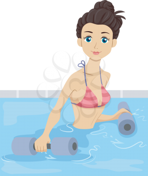 Illustration of a Girl Clad in a String Bikini Moving Dumbbells Around a Pool