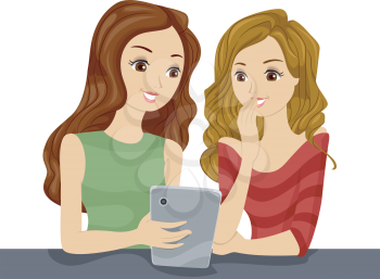 Illustration of Female Teenagers Examining a Tablet Together