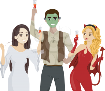 Illustration of Teenagers Wearing Halloween Costumes Drinking at a Party