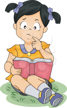 Illustration of an Asian Girl Thinking About Something While Reading a Book