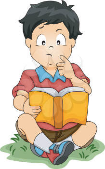 Illustration of a Little Asian Boy Thinking About Something While Reading a Book