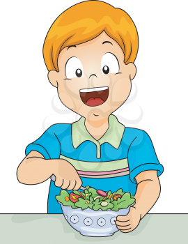 Illustration of a Little Boy Digging in a Salad Bowl