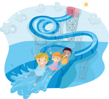 Illustration of Kids Happily Sliding Down a Looped Water Slide