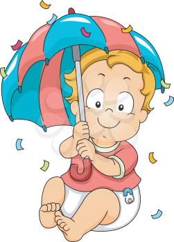 Illustration of a Baby Boy Holding an Umbrella to Protect Himself Against a Shower of Confetti