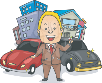 Illustration of a Wealthy Man Making a Toast to His Houses, Buildings, and Cars