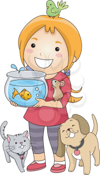Illustration of a Little Girl Surrounded by Different Types of Pets