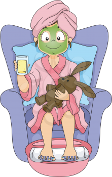 Illustration of a Little Girl at a Spa Wearing a Facial Mask
