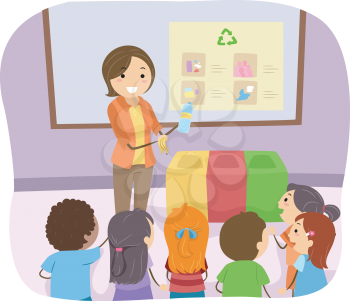 Illustration of a Teacher Teaching Her Students How to Recycle