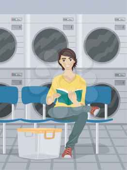 Illustration of a Male Teen Reading a Book While Waiting for His Laundry