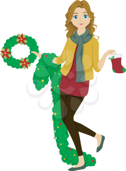 Illustration of a Female Teen Holding Christmas Decorations