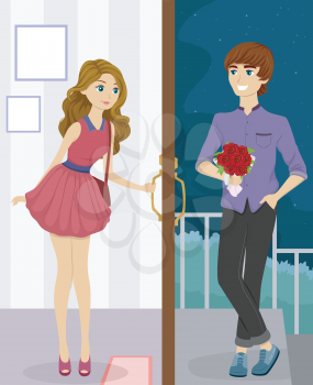 Illustration of a Pretty Girl Meeting Her Date at the Doorstep