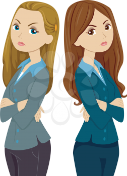 Illustration of Female Co-workers Ignoring Each Other Following an Argument
