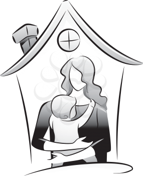 Icon Illustration Featuring the Outlines of a Babysitter and a Child Drawn in Black and White