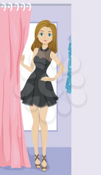 Illustration of a Girl in a Black Dress Coming Out of a Fitting Room