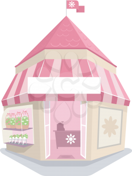 Whimsical Illustration of a Flower Shop Colored in Pink