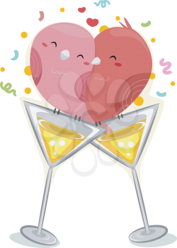 Illustration Featuring a Pair of Birds Cuddling Together on Top of a Wineglass