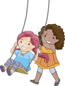 Illustration of a Little Girl Pushing Her Friend on a Swing