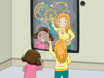 Illustration of Children Happily Playing with an Interactive Mirror