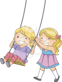 Illustration of a Little Girl Pushing Her Sister on a Swing