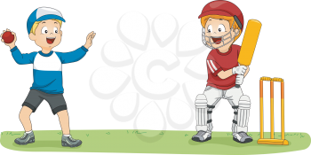 Illustration Featuring Two Little Boys Practicing for the Cricket League