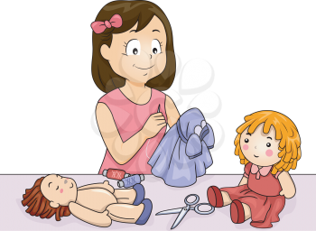 Illustration of a Girl Sewing Clothes for Her Dolls