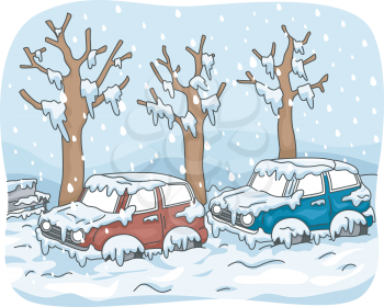 Illustration Featuring Cars Stuck in Street After a Snow Storm