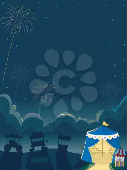 Illustration of a Fireworks Display with Circus Tents in the Background