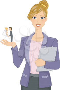 Illustration of a Wedding Planner Holding a Bride and Groom Figurine