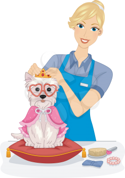 Illustration of a Female Dog Salon Attendant Giving a Dog a Makeover