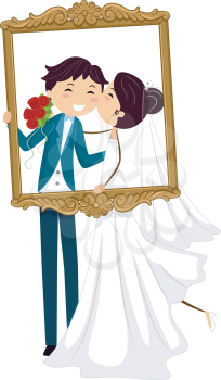 Illustration of a Pair of Newlyweds Kissing Behind a Frame