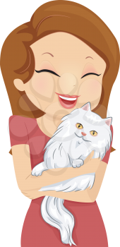 Illustration of a Woman Happily Hugging a Cat