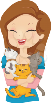 Illustration of a Woman Happily Hugging Cats