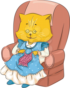 Illustration Featuring a Granny Cat Knitting