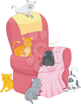 Illustration Featuring a Group of Cats Scattered Around an Empty Chair