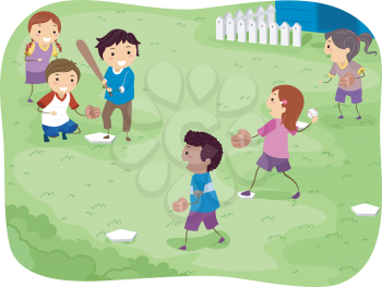 Illustration Featuring Kids Playing Baseball