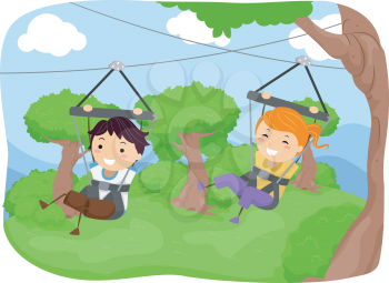 Illustration Featuring Kids Sliding Down a Zipline
