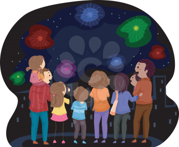 Illustration Featuring Families Watching a Fireworks Show Together