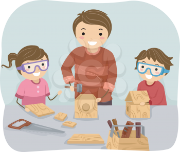 Illustration of a Father Teaching His Kids How to Do Woodwork