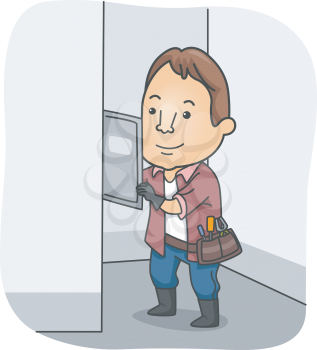 Illustration Featuring an Electrician Checking a Fuse Box